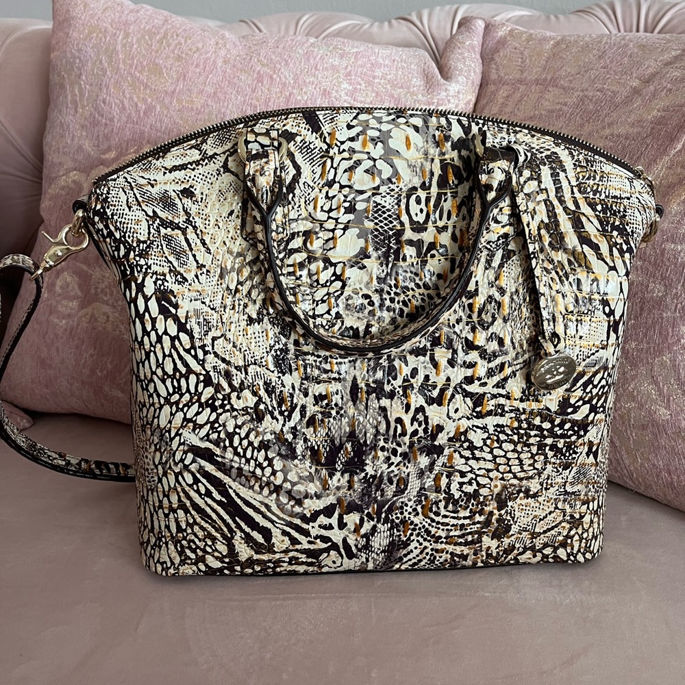 Brahmin Multicolor Animal Print Satchel in Cream, Black and Brown